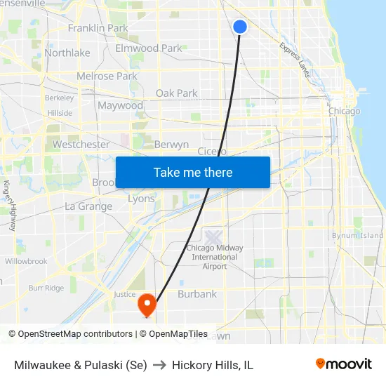 Milwaukee & Pulaski (Se) to Hickory Hills, IL map