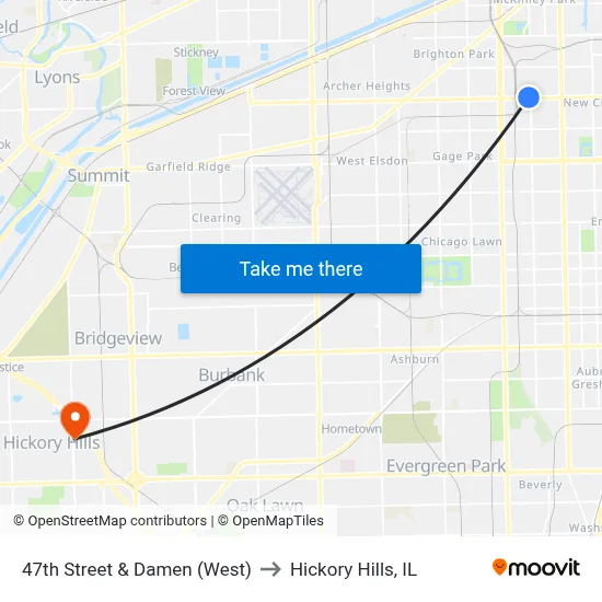 47th Street & Damen (West) to Hickory Hills, IL map