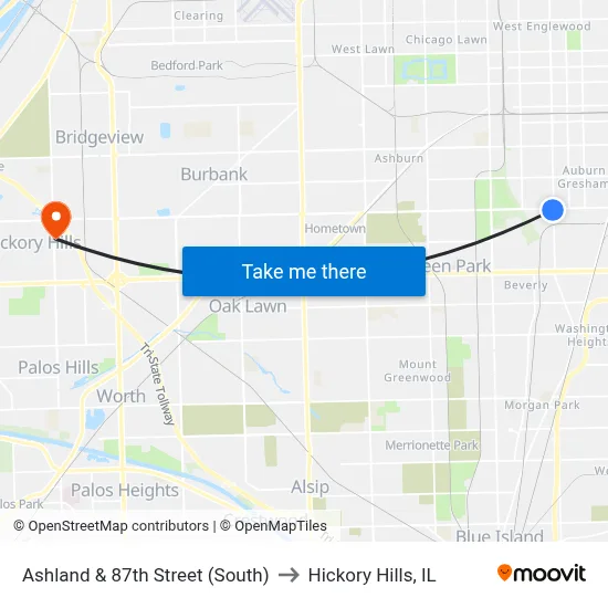 Ashland & 87th Street (South) to Hickory Hills, IL map