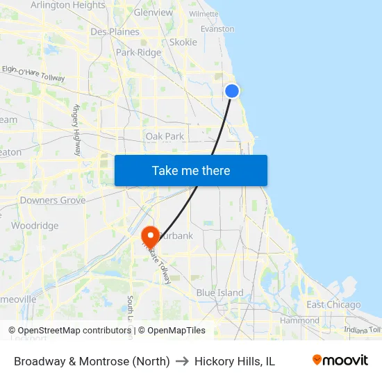 Broadway & Montrose (North) to Hickory Hills, IL map