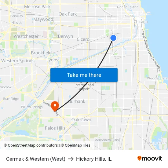 Cermak & Western (West) to Hickory Hills, IL map