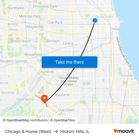 Chicago & Hoyne (West) to Hickory Hills, IL map