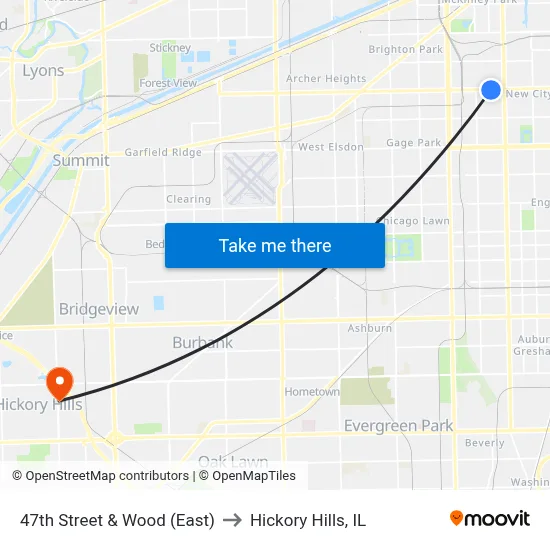 47th Street & Wood (East) to Hickory Hills, IL map