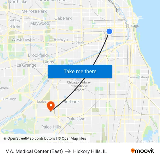 V.A. Medical Center (East) to Hickory Hills, IL map
