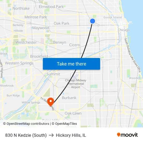 830 N Kedzie (South) to Hickory Hills, IL map