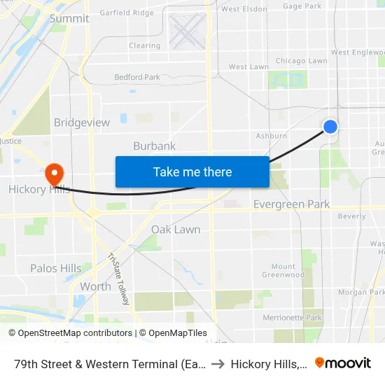 79th Street & Western Terminal (East) to Hickory Hills, IL map