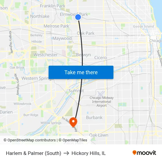 Harlem & Palmer (South) to Hickory Hills, IL map