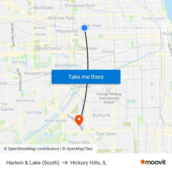 Harlem & Lake (South) to Hickory Hills, IL map