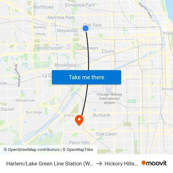 Harlem/Lake Green Line Station (West) to Hickory Hills, IL map