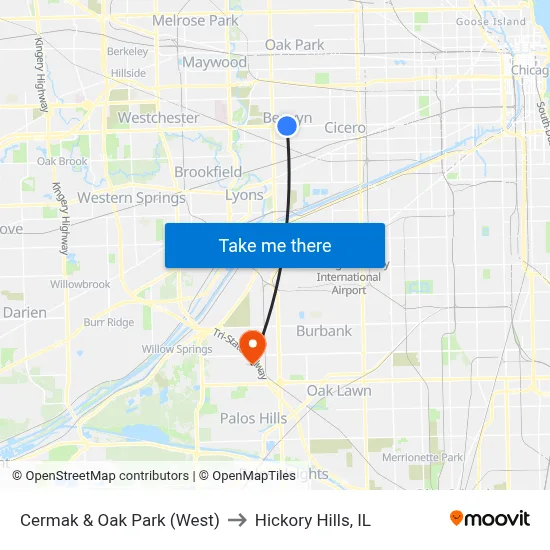 Cermak & Oak Park (West) to Hickory Hills, IL map