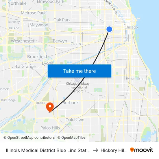 Illinois Medical District Blue Line Station (North) to Hickory Hills, IL map