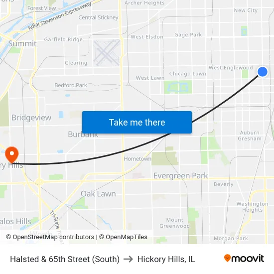 Halsted & 65th Street (South) to Hickory Hills, IL map