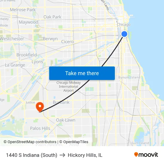 1440 S Indiana (South) to Hickory Hills, IL map