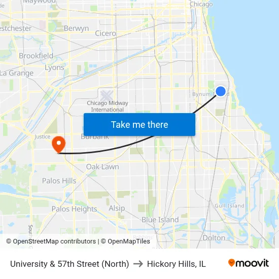 University & 57th Street (North) to Hickory Hills, IL map