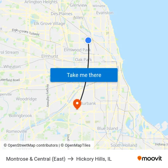 Montrose & Central (East) to Hickory Hills, IL map