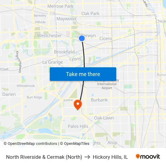 North Riverside & Cermak (North) to Hickory Hills, IL map