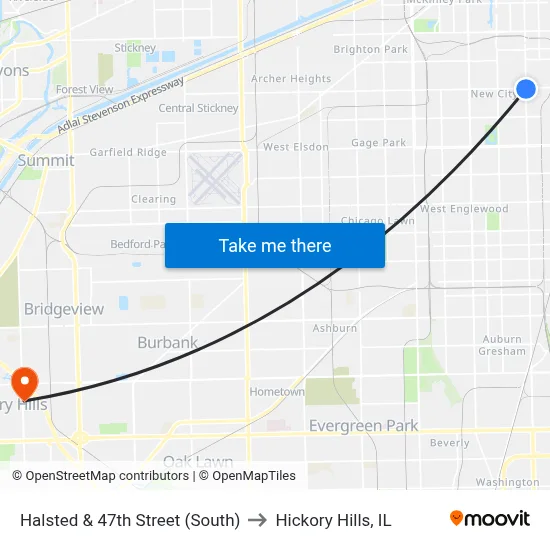Halsted & 47th Street (South) to Hickory Hills, IL map