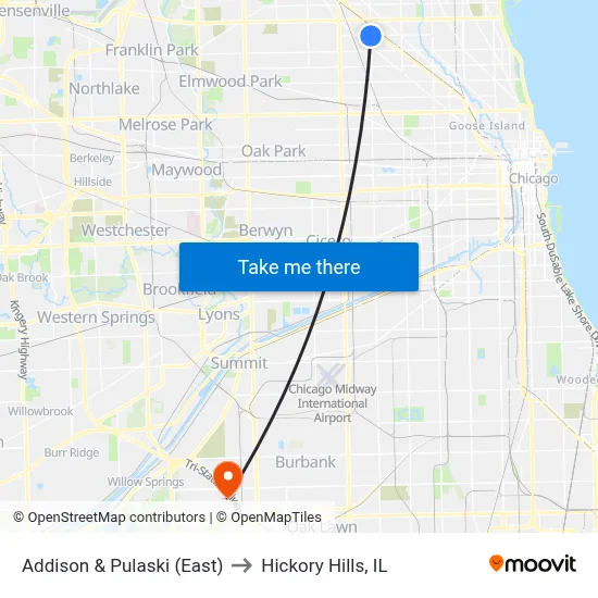 Addison & Pulaski (East) to Hickory Hills, IL map