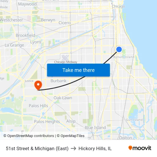 51st Street & Michigan (East) to Hickory Hills, IL map