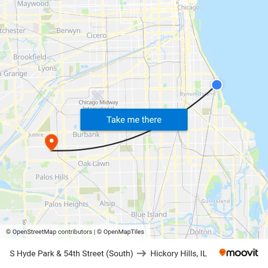 S Hyde Park & 54th Street (South) to Hickory Hills, IL map