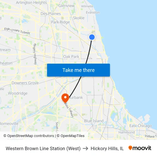 Western Brown Line Station (West) to Hickory Hills, IL map