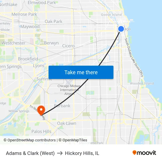 Adams & Clark (West) to Hickory Hills, IL map