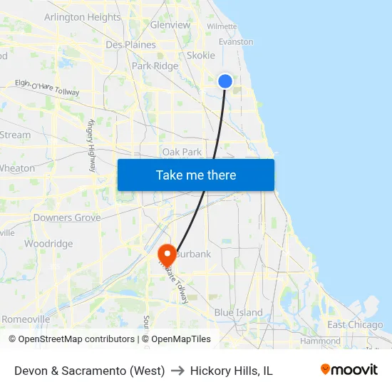 Devon & Sacramento (West) to Hickory Hills, IL map