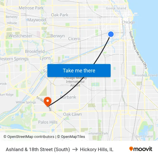 Ashland & 18th Street (South) to Hickory Hills, IL map