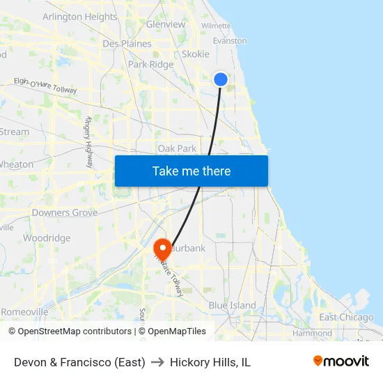 Devon & Francisco (East) to Hickory Hills, IL map