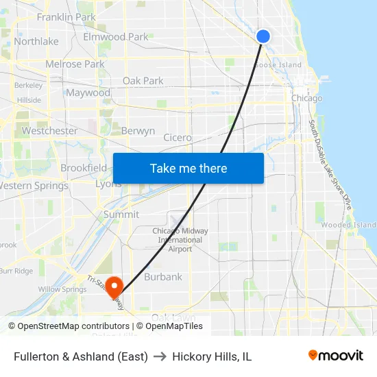 Fullerton & Ashland (East) to Hickory Hills, IL map