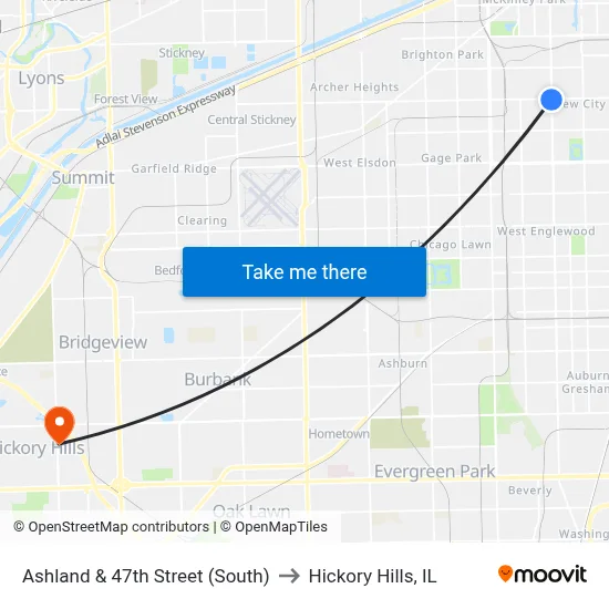 Ashland & 47th Street (South) to Hickory Hills, IL map