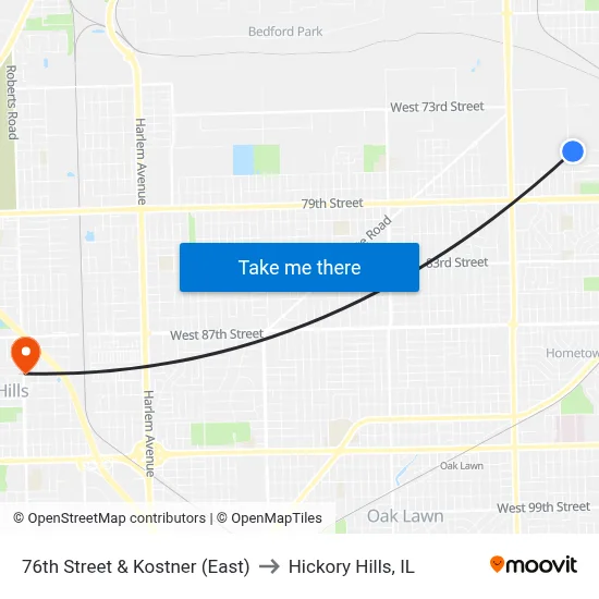 76th Street & Kostner (East) to Hickory Hills, IL map