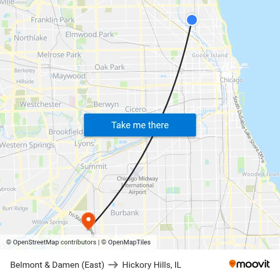 Belmont & Damen (East) to Hickory Hills, IL map