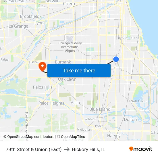 79th Street & Union (East) to Hickory Hills, IL map