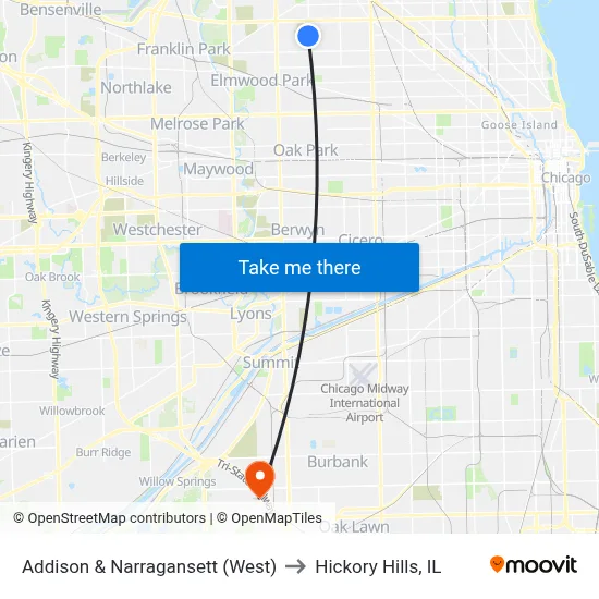 Addison & Narragansett (West) to Hickory Hills, IL map