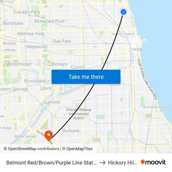 Belmont Red/Brown/Purple Line Station (East) to Hickory Hills, IL map