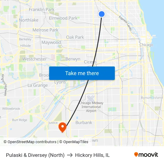 Pulaski & Diversey (North) to Hickory Hills, IL map
