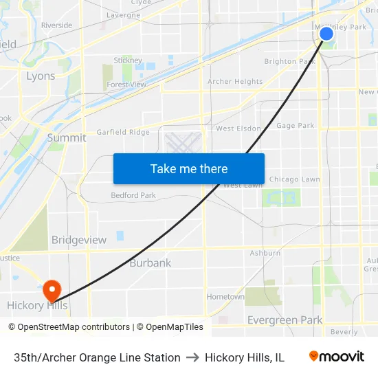 35th/Archer Orange Line Station to Hickory Hills, IL map