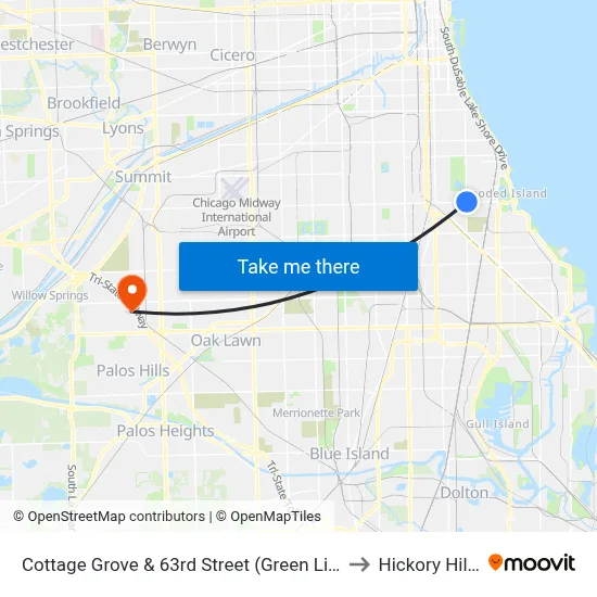 Cottage Grove & 63rd Street (Green Line) (North) to Hickory Hills, IL map