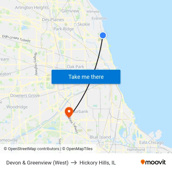 Devon & Greenview (West) to Hickory Hills, IL map