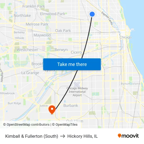 Kimball & Fullerton (South) to Hickory Hills, IL map