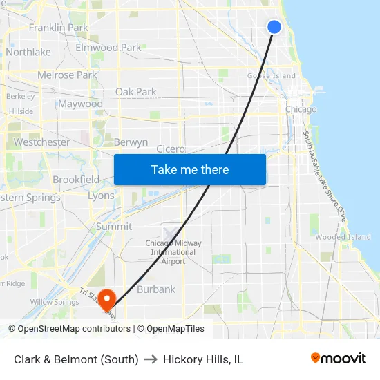 Clark & Belmont (South) to Hickory Hills, IL map