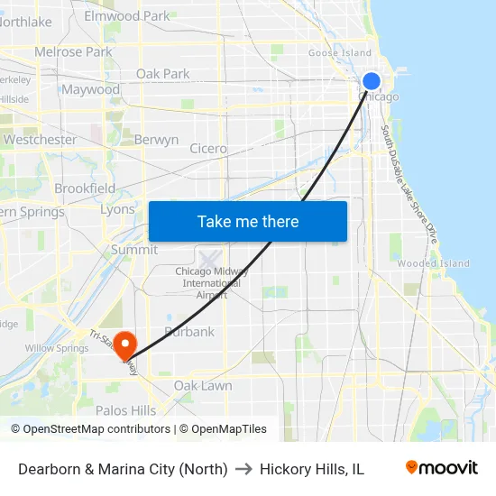 Dearborn & Marina City (North) to Hickory Hills, IL map