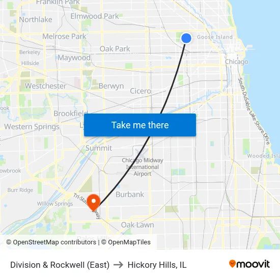 Division & Rockwell (East) to Hickory Hills, IL map