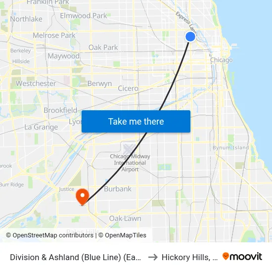 Division & Ashland (Blue Line) (East) to Hickory Hills, IL map