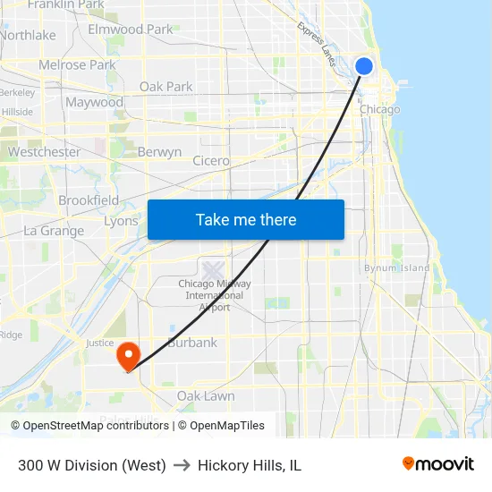 300 W Division (West) to Hickory Hills, IL map