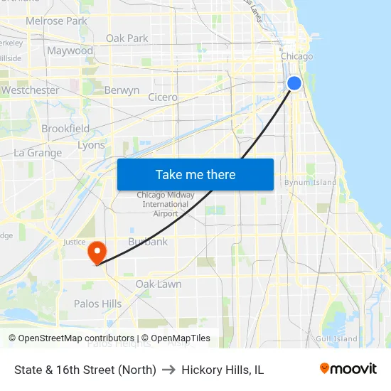 State & 16th Street (North) to Hickory Hills, IL map