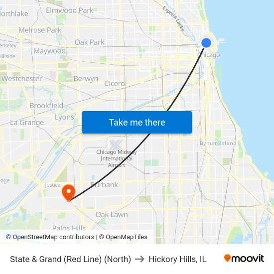 State & Grand (Red Line) (North) to Hickory Hills, IL map