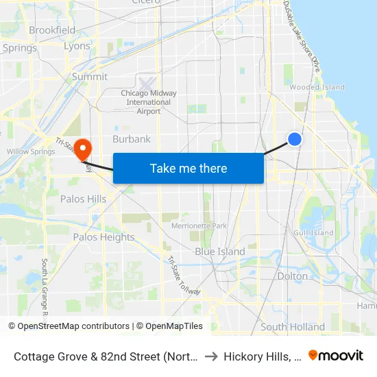 Cottage Grove & 82nd Street (North) to Hickory Hills, IL map