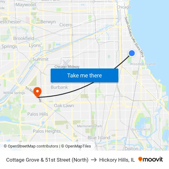 Cottage Grove & 51st Street (North) to Hickory Hills, IL map